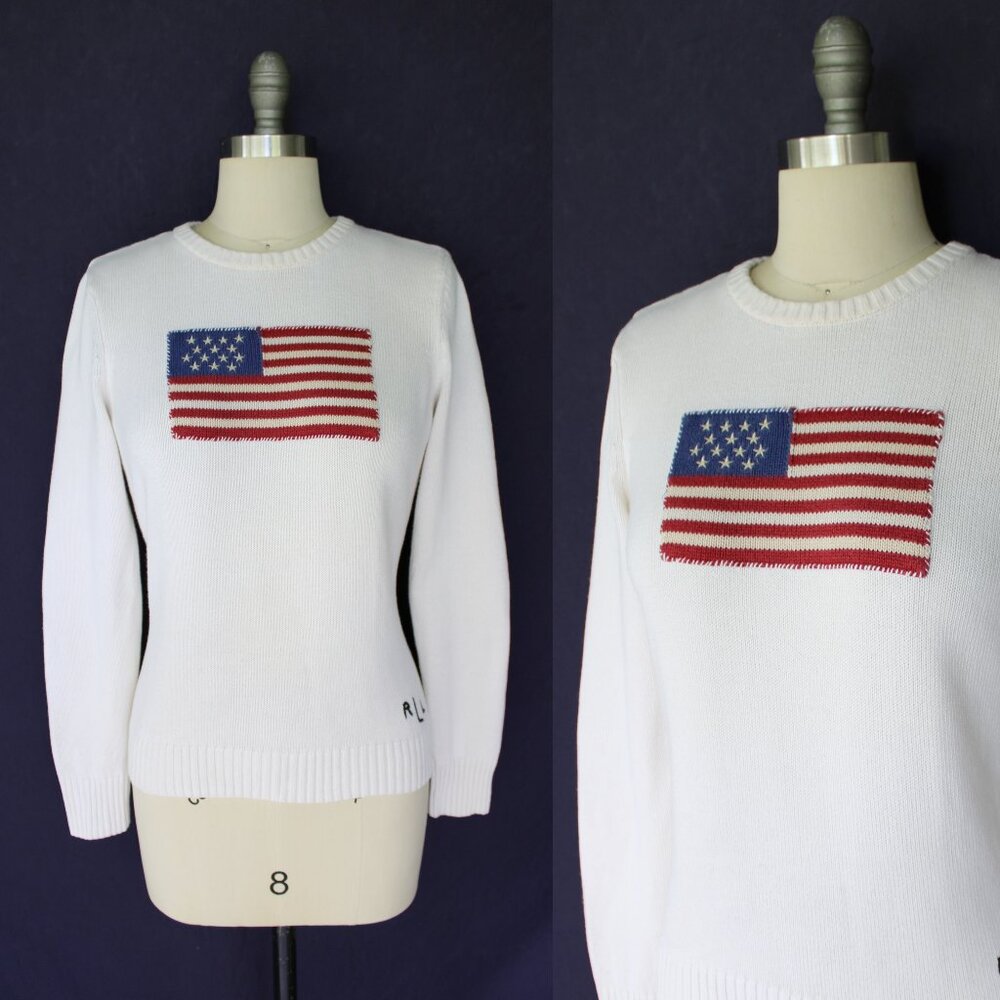 Ralph Lauren White Sweater with Red, White & Blue Flag Motif